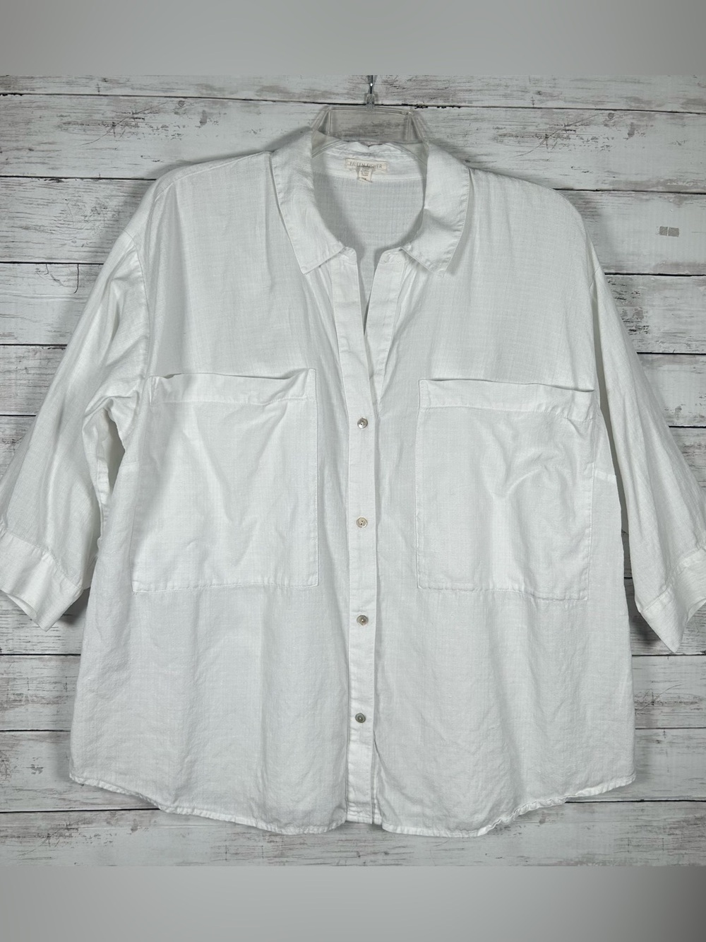 Eileen Fisher Linen Tencel Boxy 3/4 Sleeve White Blouse 1X